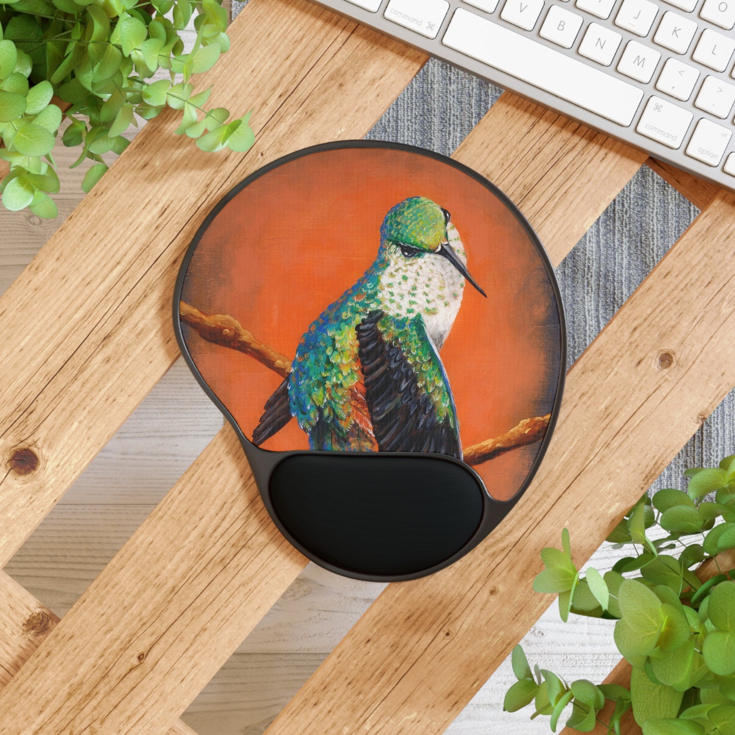 "Hummingbird Ballet" Wrist Rest Mouse Pad — Colorful Bird Art on Orange Background