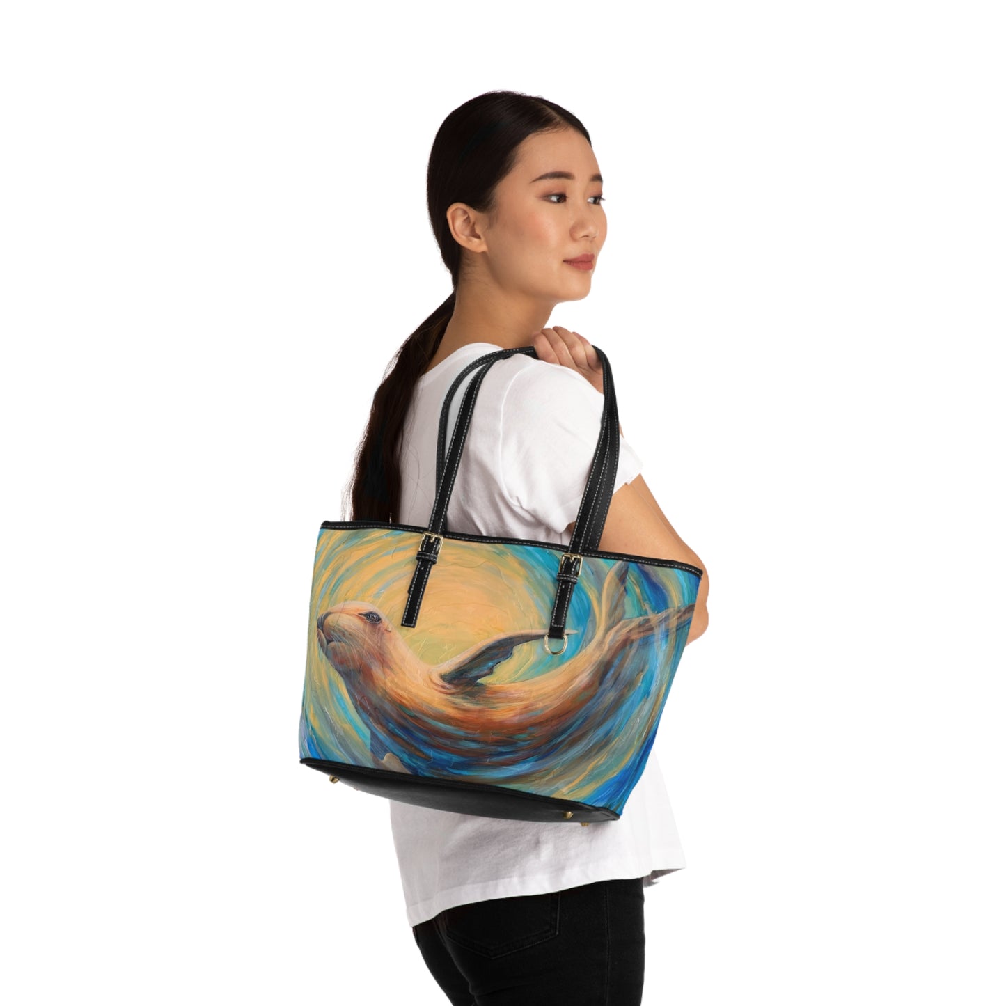 "Through Gilded Tides" Sea Lion Dance PU Leather Shoulder Bag — Ocean-Inspired Painted Wildlife Tote
