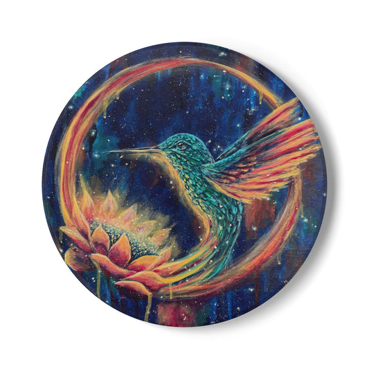 "Continuum" Hummingbird & Lotus Ceramic Coaster — Colorful Boho Drink Mat