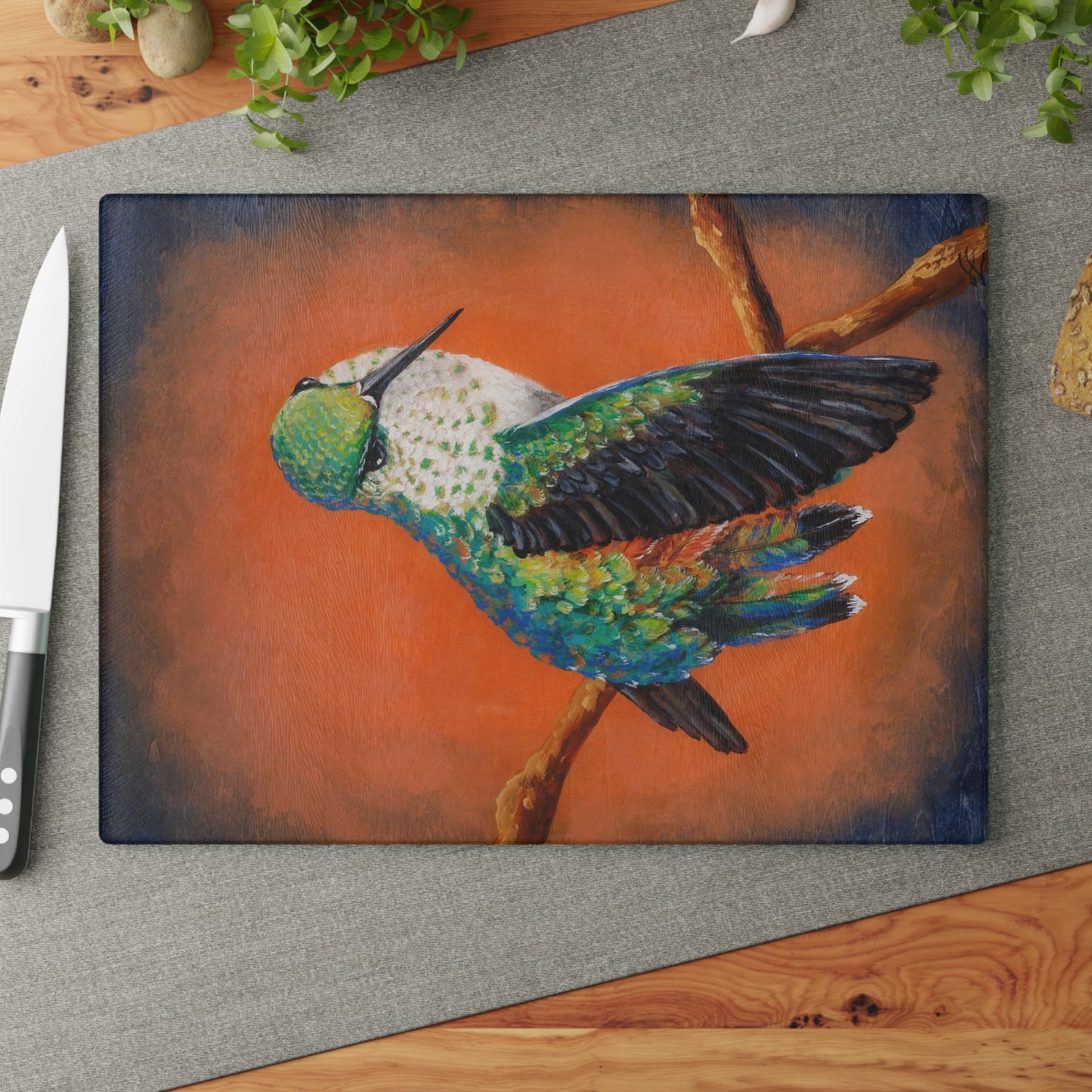 "Hummingbird Ballet" Glass Cutting Board — Colorful Tropical Bird Kitchen Decor