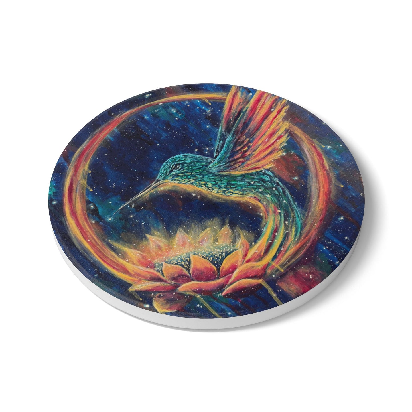 "Continuum" Hummingbird & Lotus Ceramic Coaster — Colorful Boho Drink Mat