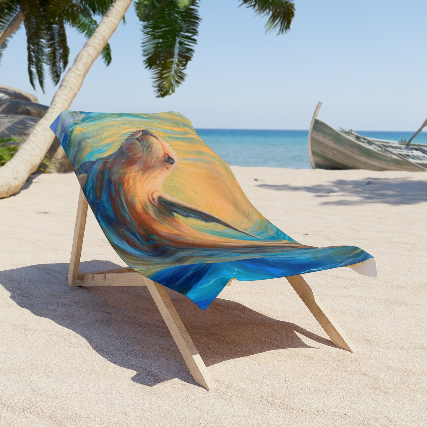 "Through Gilded Tides" Sea Lion Swirl Beach Towel — Whimsical Ocean Art for Beach & Pool