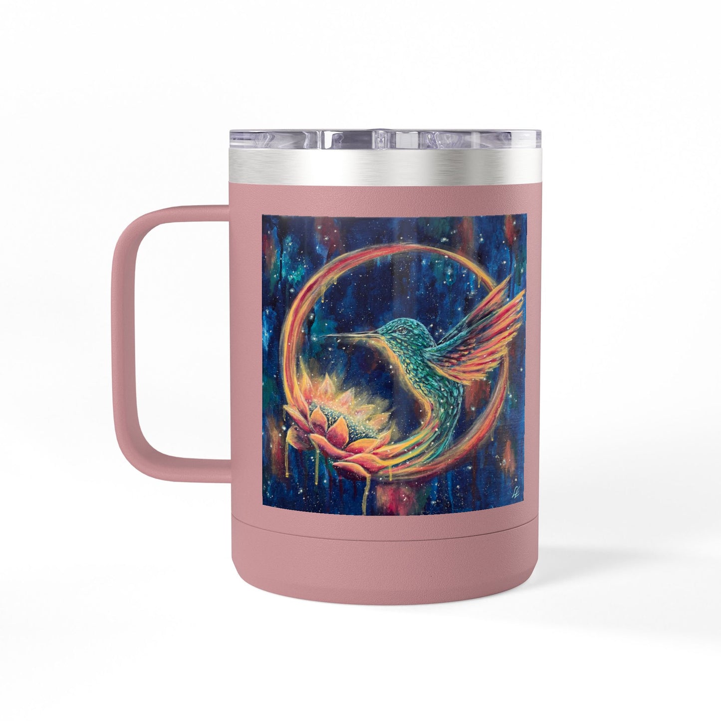 "Continuum" Hummingbird & Night Sky 15oz Travel Mug — Colorful Celestial Bird Tumbler