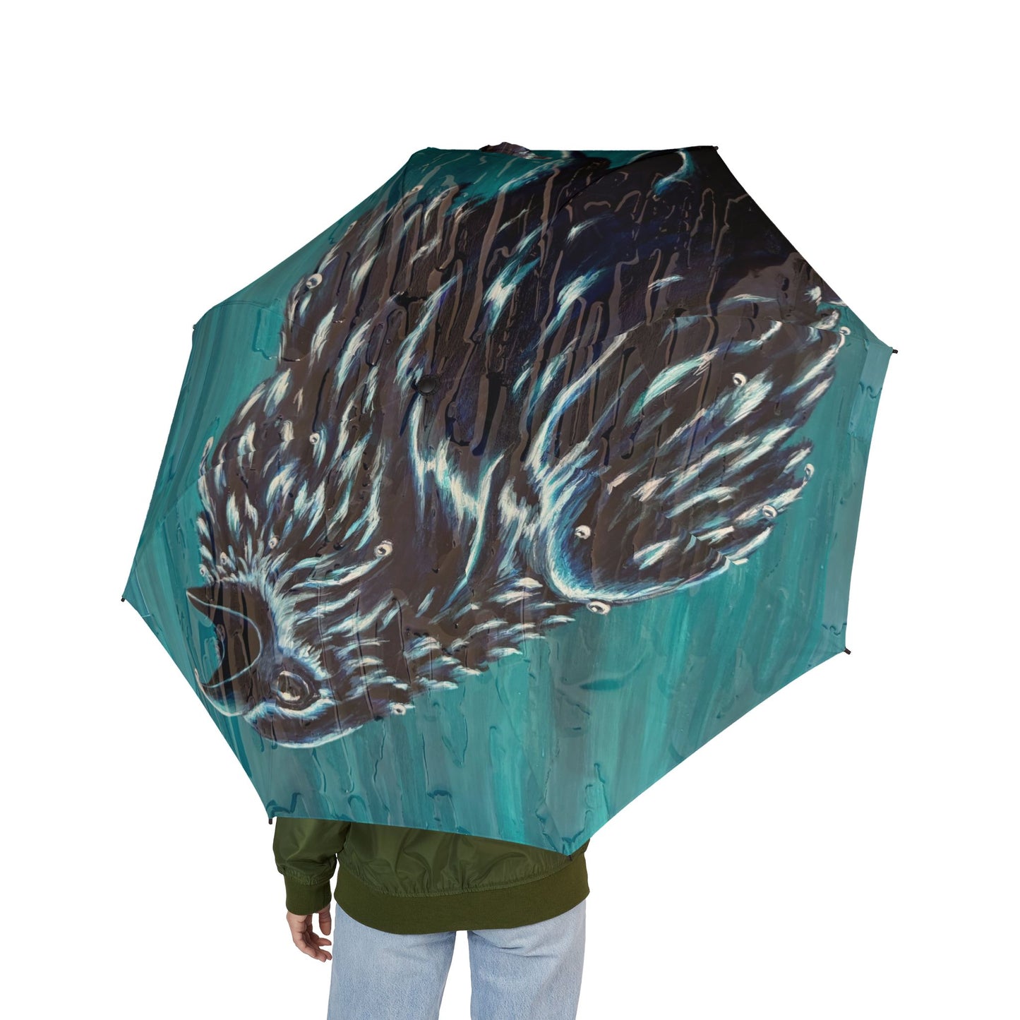 "Ravin' in the Rain" Foldable Umbrella — Teal Raven Art Rain Umbrella (Semi-Automatic)
