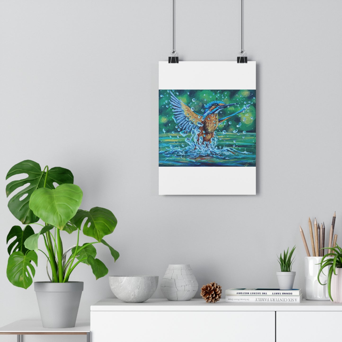 "Falling Up" Kingfisher Splash Giclée Art Print — Vibrant Wildlife Wall Art