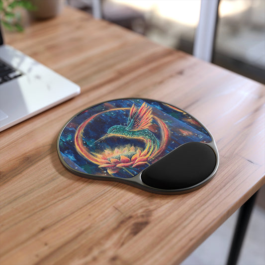 "Continuum" Hummingird & Lotus Art Mouse Pad with Ergonomic Wrist Rest — Colorful Ocean Desk Accessory
