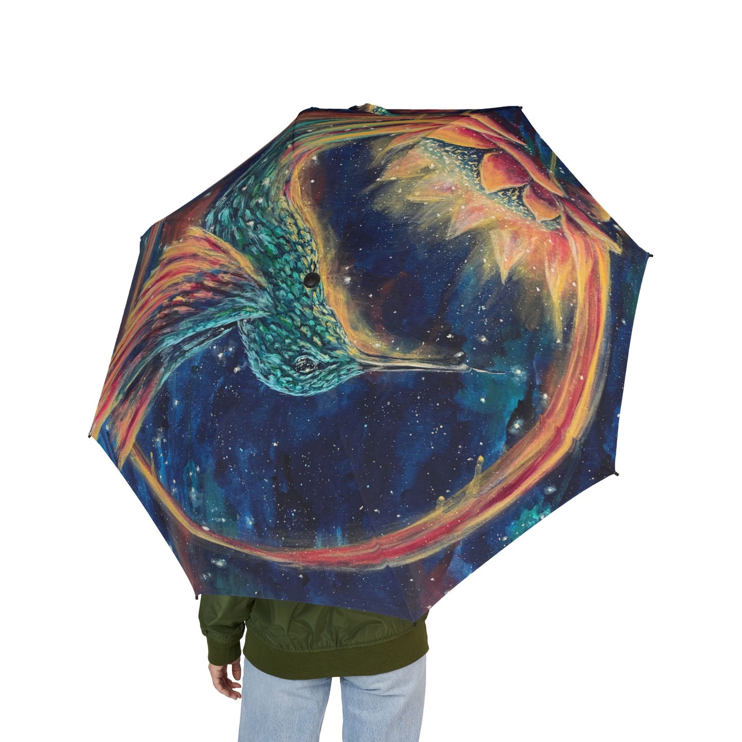 "Continuum" Hummingbird & Lotus Foldable Umbrella — Semi-Automatic Compact Rain Umbrella with Colorful Hummingbird Design