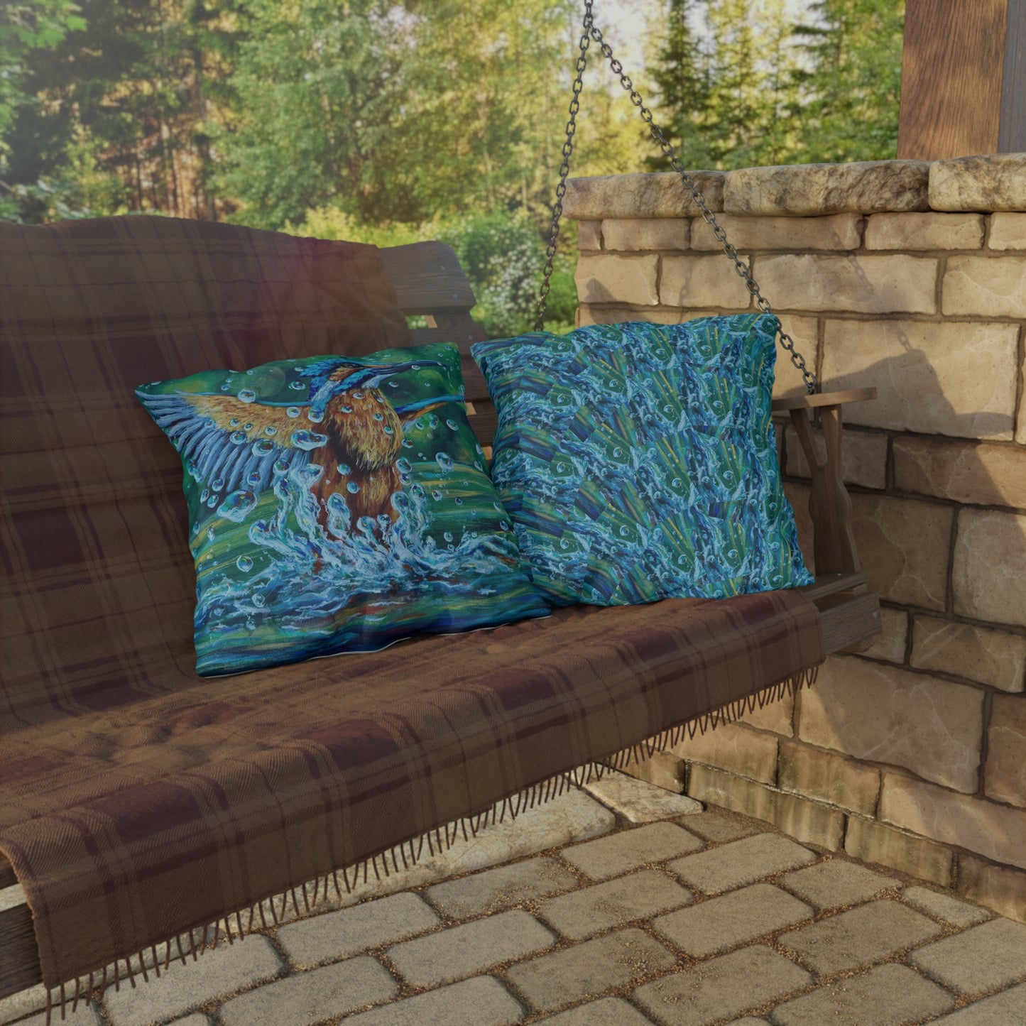 "Falling Up" Kingfisher Splash Outdoor Pillow — Vibrant Wildlife Patio Cushion