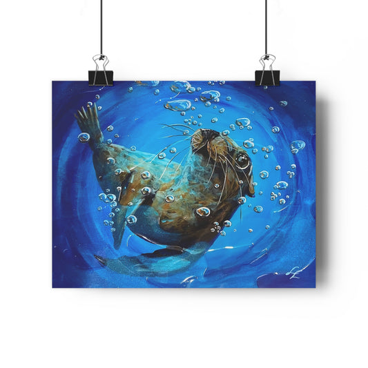"Arthur" Sea Lion Giclée Art Print — Playful Underwater Ocean Wall Art
