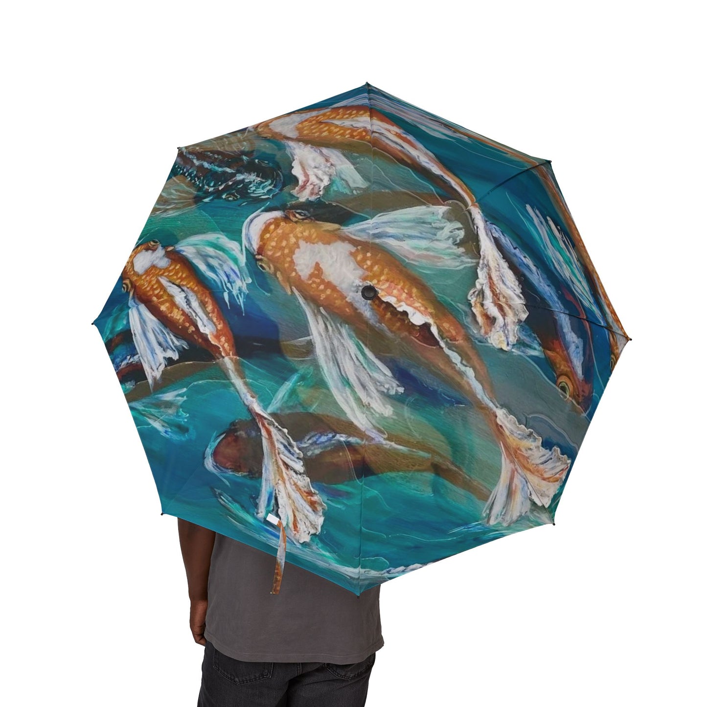 "School of Luck" Koi Pond Foldable Umbrella – Compact Semi-Automatic Rain Parasol