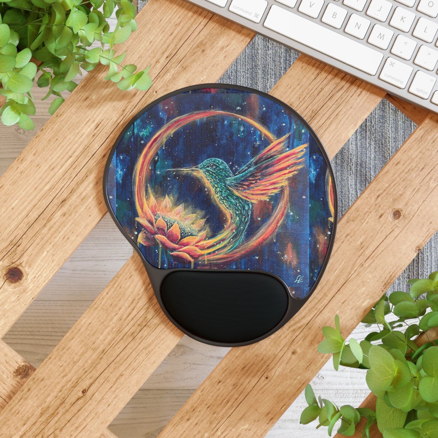 "Continuum" Hummingird & Lotus Art Mouse Pad with Ergonomic Wrist Rest — Colorful Ocean Desk Accessory