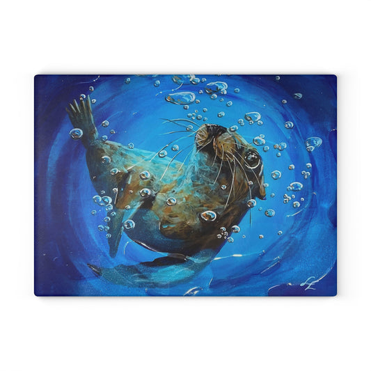"Arthur" Sea Lion Glass Cutting Board - Playful Sea Otter Underwater Art