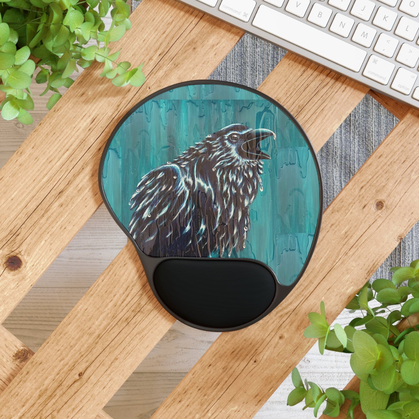 "Ravin' in the Rain" Raven Art Mouse Pad with Wrist Rest — Teal Raven Illustration Ergonomic Desk Mat