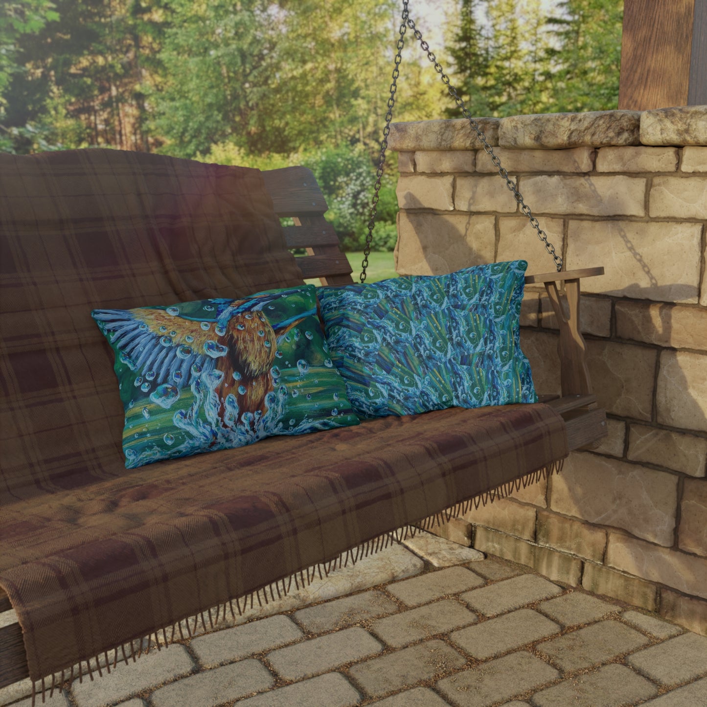 "Falling Up" Kingfisher Splash Outdoor Pillow — Vibrant Wildlife Patio Cushion