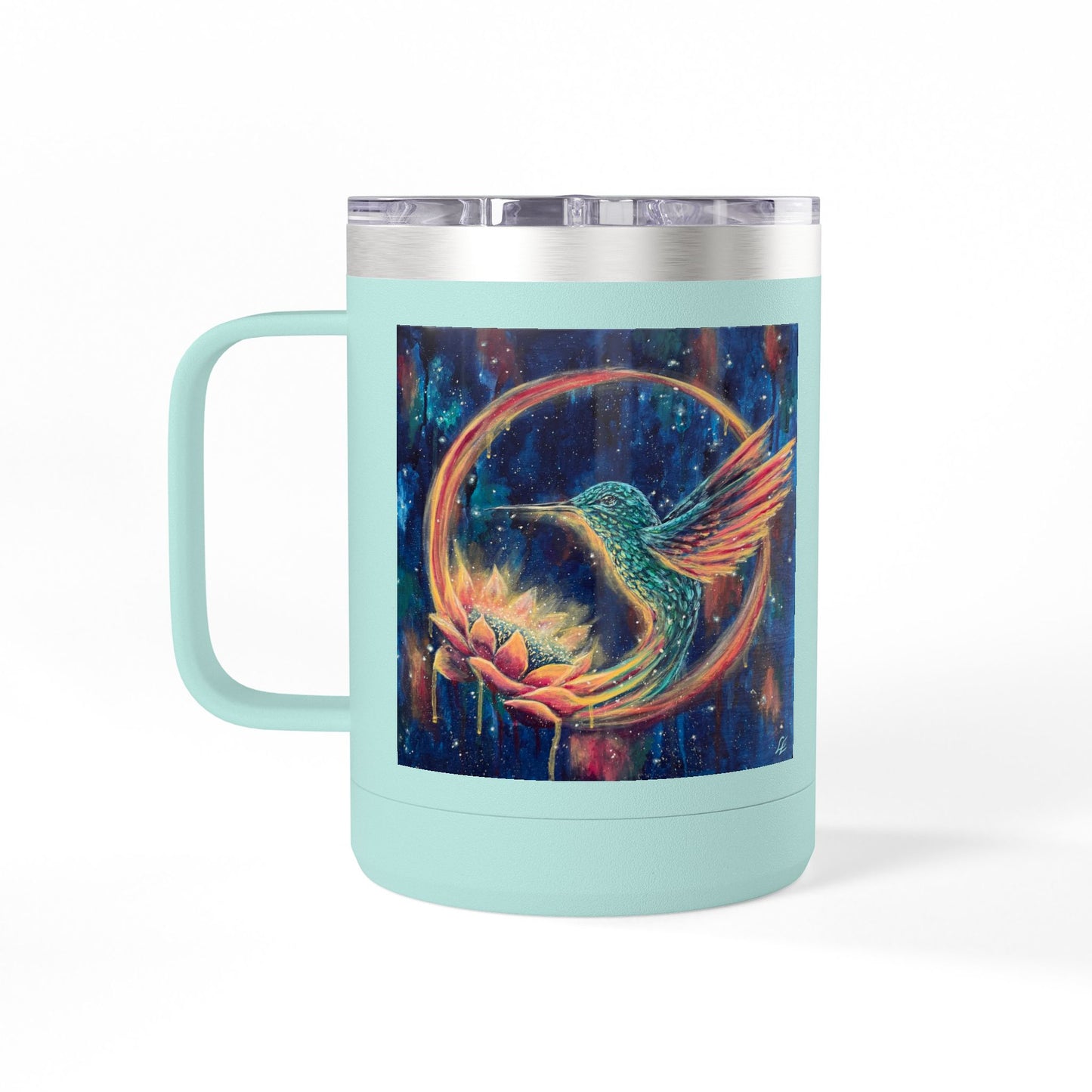 "Continuum" Hummingbird & Night Sky 15oz Travel Mug — Colorful Celestial Bird Tumbler