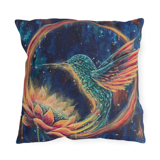 "Continuum" Hummingbird & Lotus Outdoor Pillow — Colorful Garden Accent Cushion for Patio, Porch & Sunroom