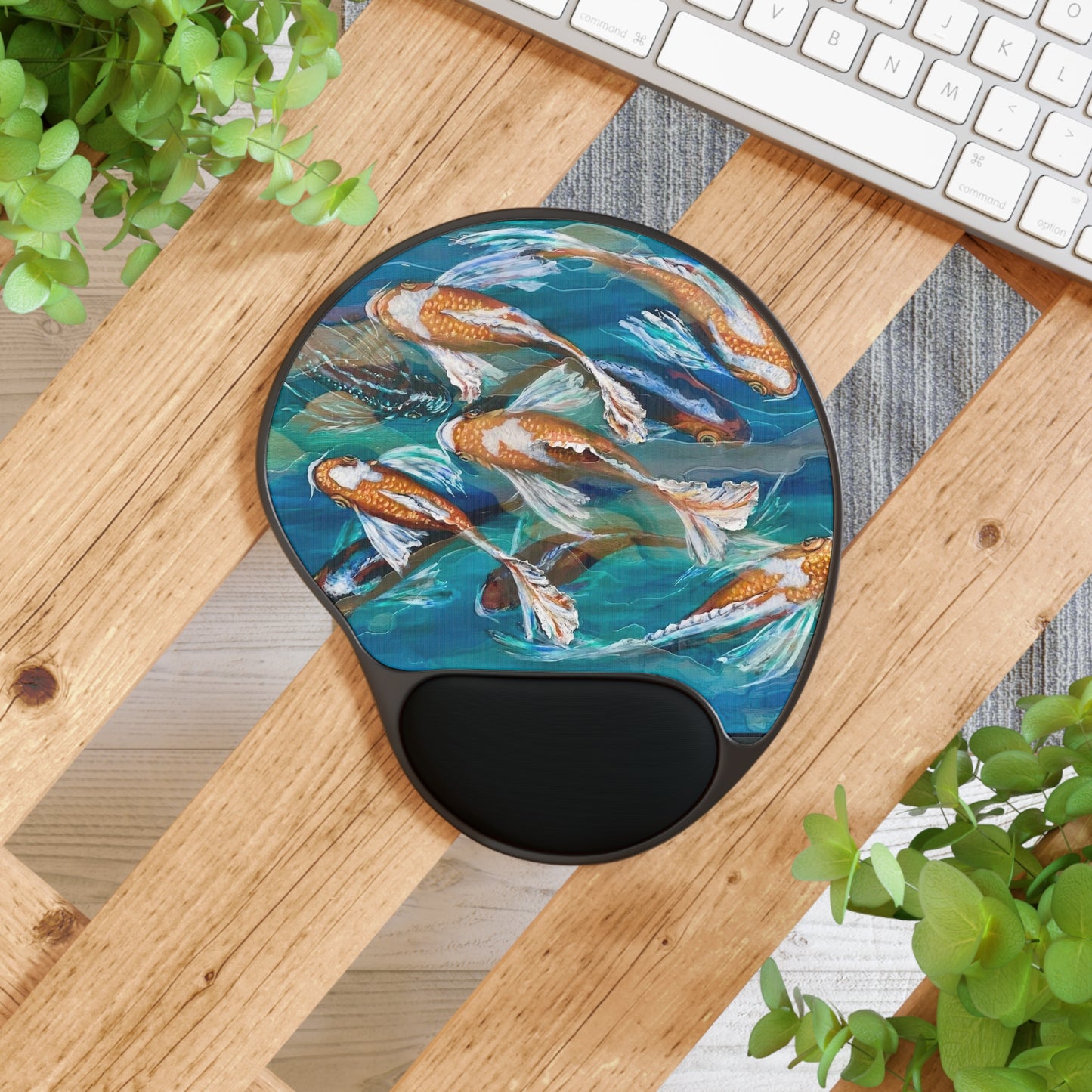 "School of Luck" Koi Fish Gel Wrist Rest Mouse Pad — Ergonomic Mousepad with Tranquil Blue Pond Design
