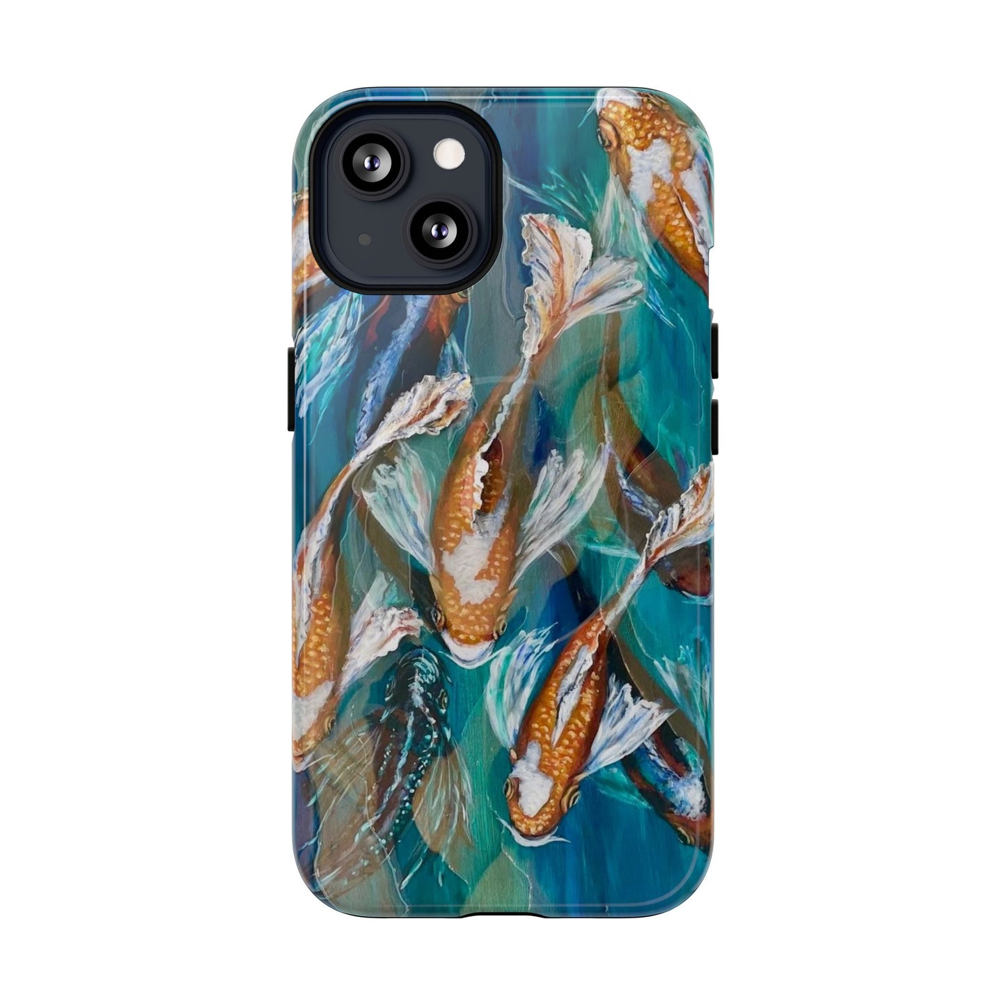 "School of Luck" Koi Fish Pattern iPhone Case Multiple Sizes | Tough Magnetic Case, Blue Teal Watercolor
