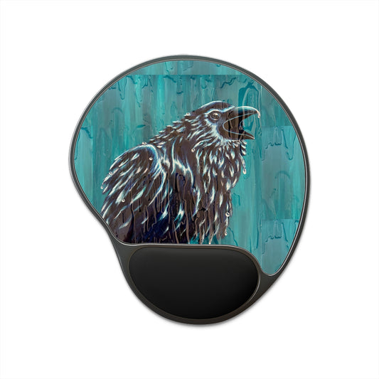 "Ravin' in the Rain" Raven Art Mouse Pad with Wrist Rest — Teal Raven Illustration Ergonomic Desk Mat