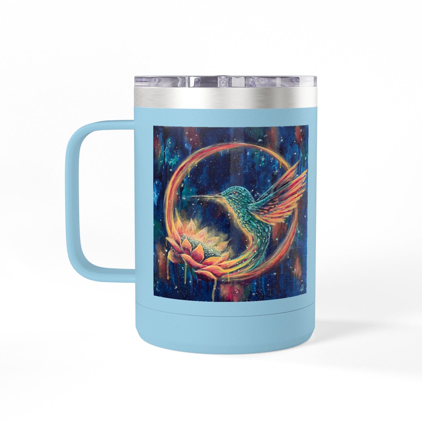 "Continuum" Hummingbird & Night Sky 15oz Travel Mug — Colorful Celestial Bird Tumbler