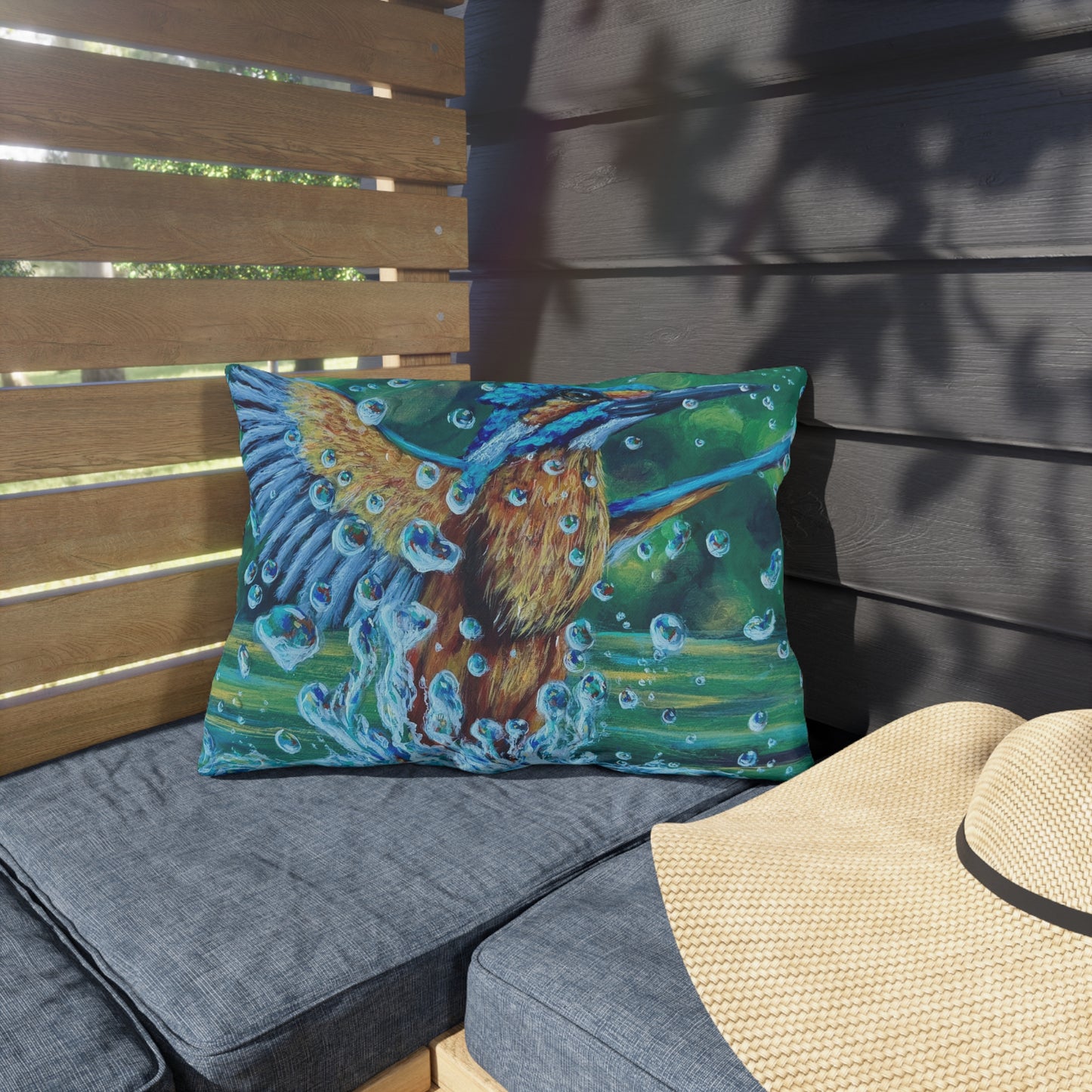 "Falling Up" Kingfisher Splash Outdoor Pillow — Vibrant Wildlife Patio Cushion