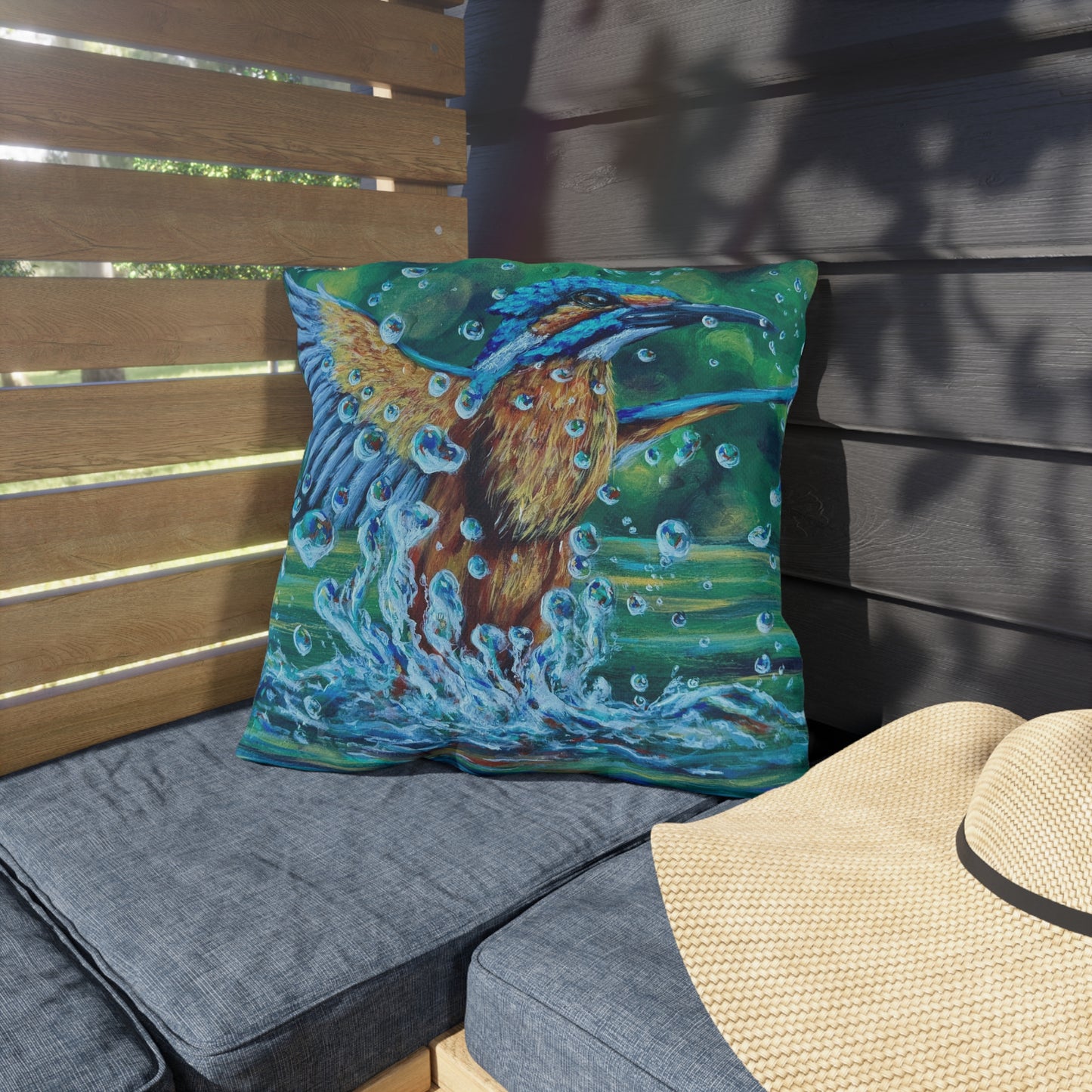 "Falling Up" Kingfisher Splash Outdoor Pillow — Vibrant Wildlife Patio Cushion