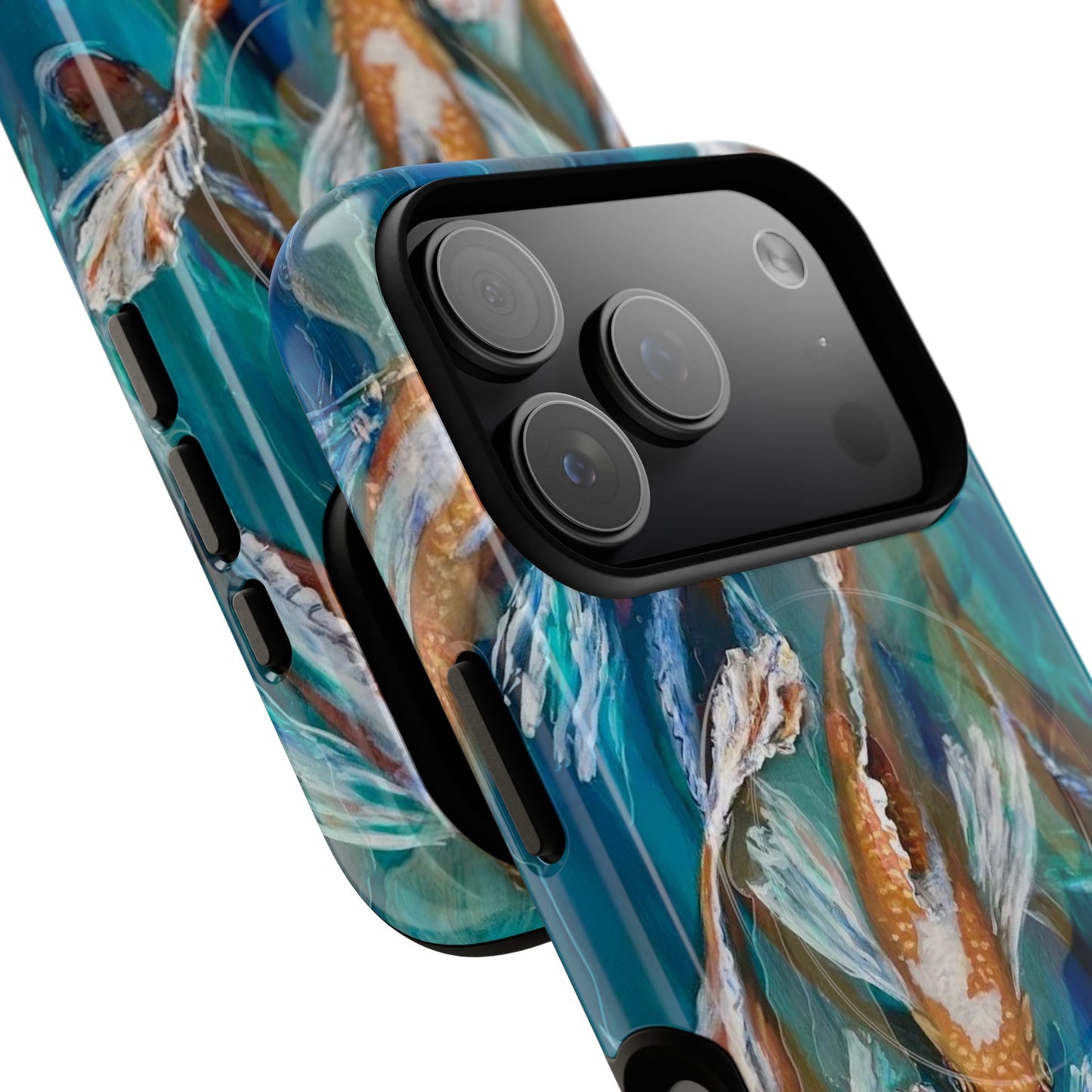 "School of Luck" Koi Fish Pattern iPhone Case Multiple Sizes | Tough Magnetic Case, Blue Teal Watercolor