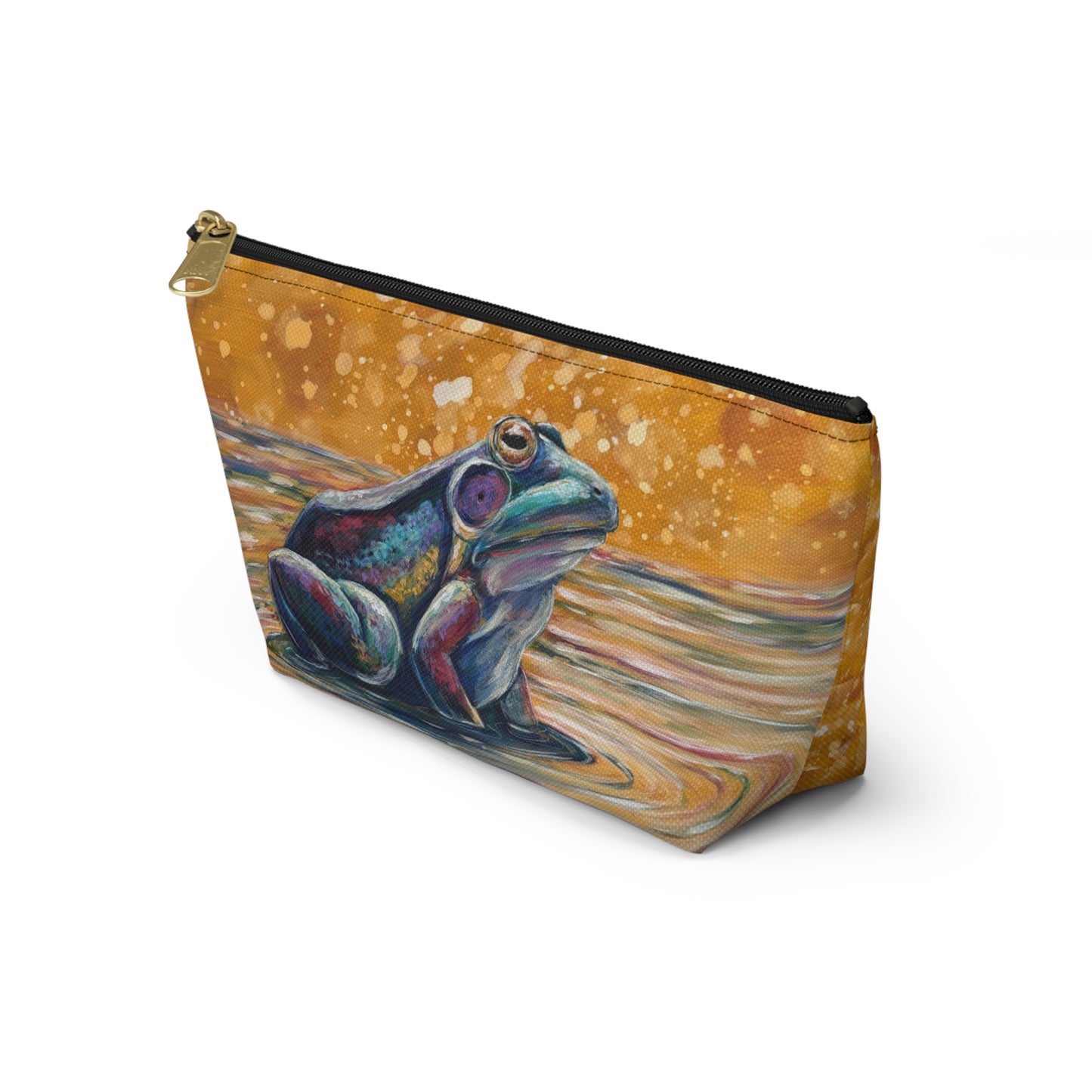 "Make a Ripple" Frog Art Accessory Pouch — Colorful Watercolor Amphibian T-Bottom Cosmetic Bag