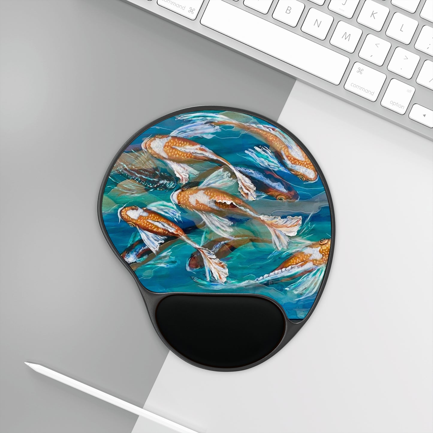 "School of Luck" Koi Fish Gel Wrist Rest Mouse Pad — Ergonomic Mousepad with Tranquil Blue Pond Design