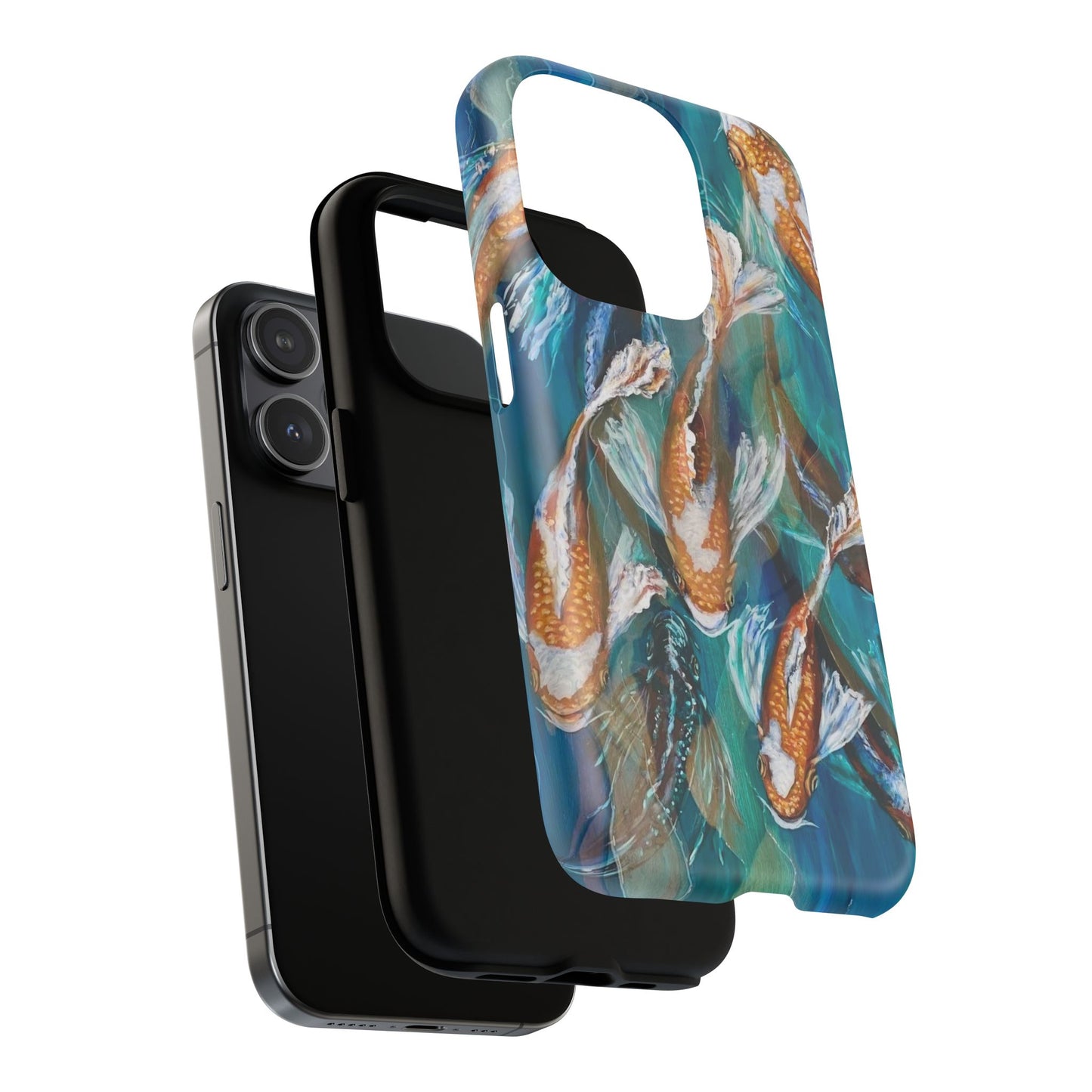 "School of Luck" Koi Fish Pattern iPhone Case Multiple Sizes | Tough Magnetic Case, Blue Teal Watercolor