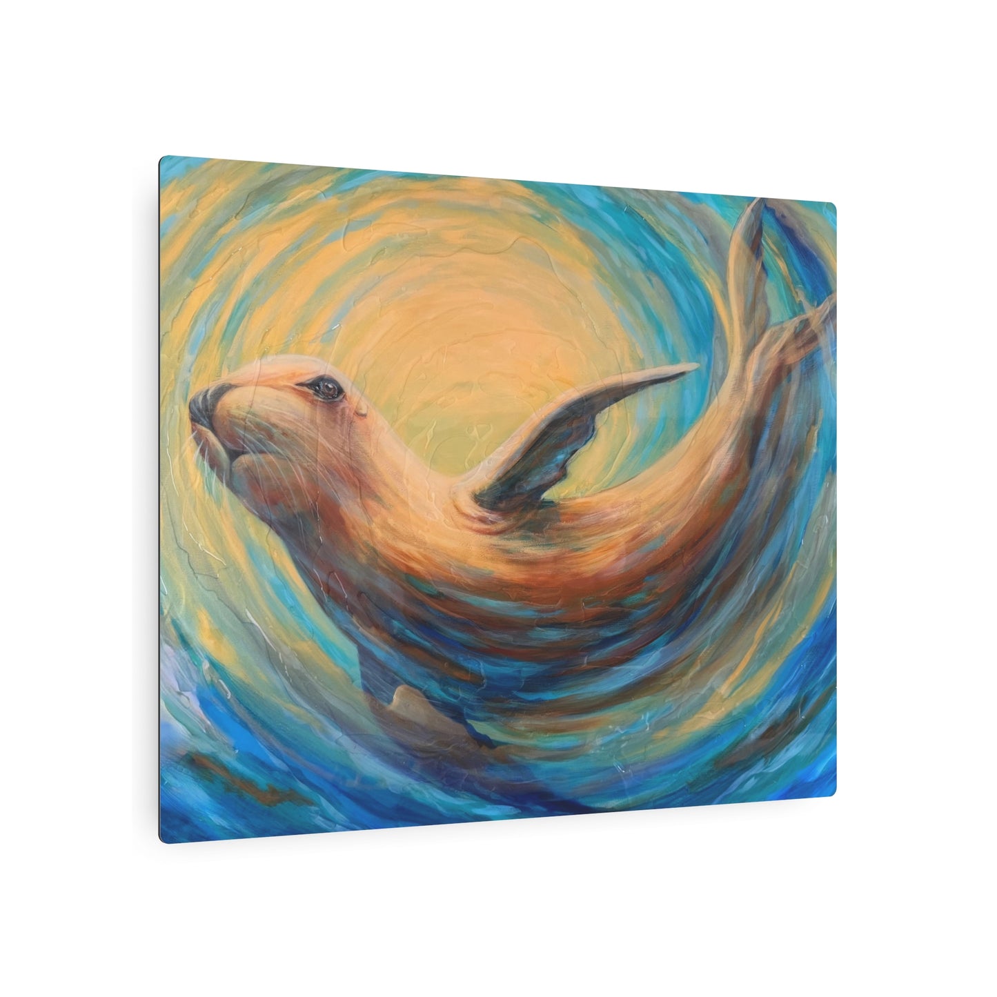"Through Gilded Tides" Sea Lion Metal Art Sign — Whimsical Ocean Painting Wall Decor