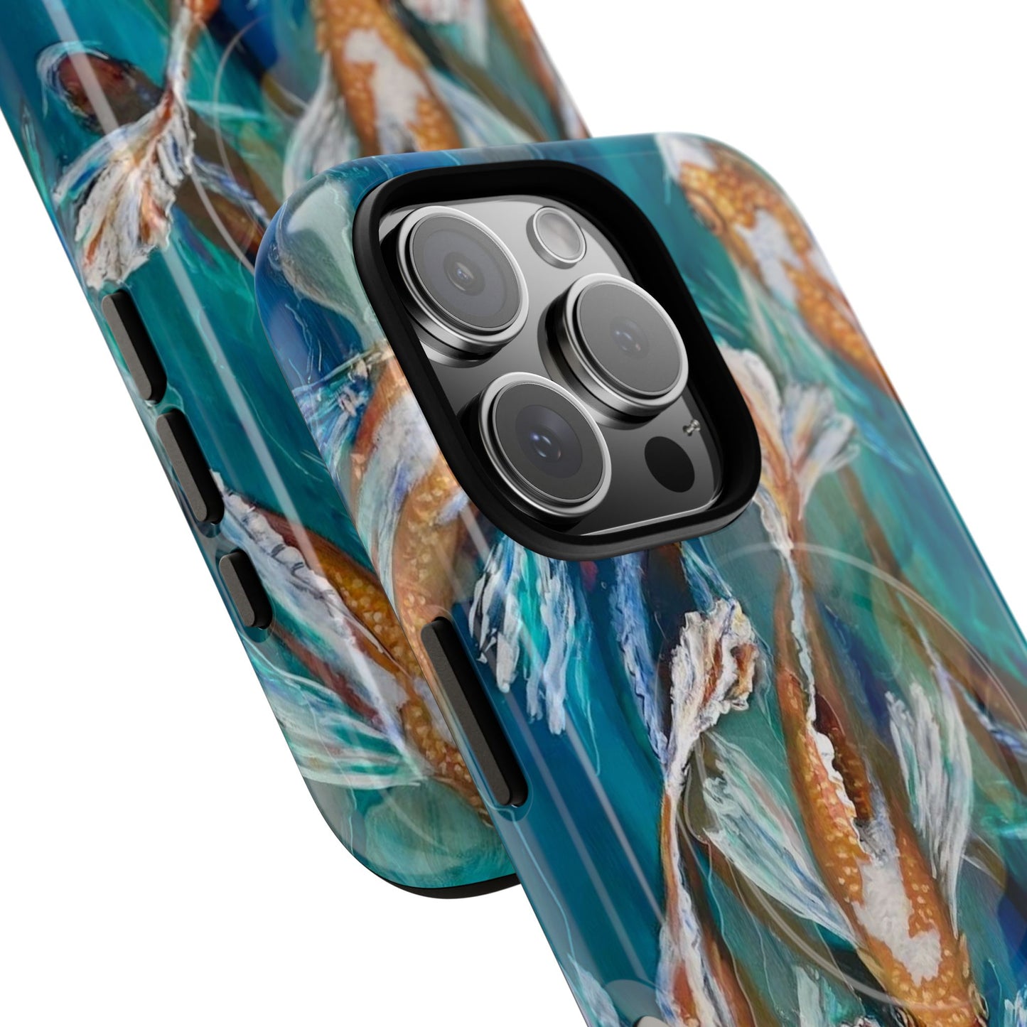 "School of Luck" Koi Fish Pattern iPhone Case Multiple Sizes | Tough Magnetic Case, Blue Teal Watercolor