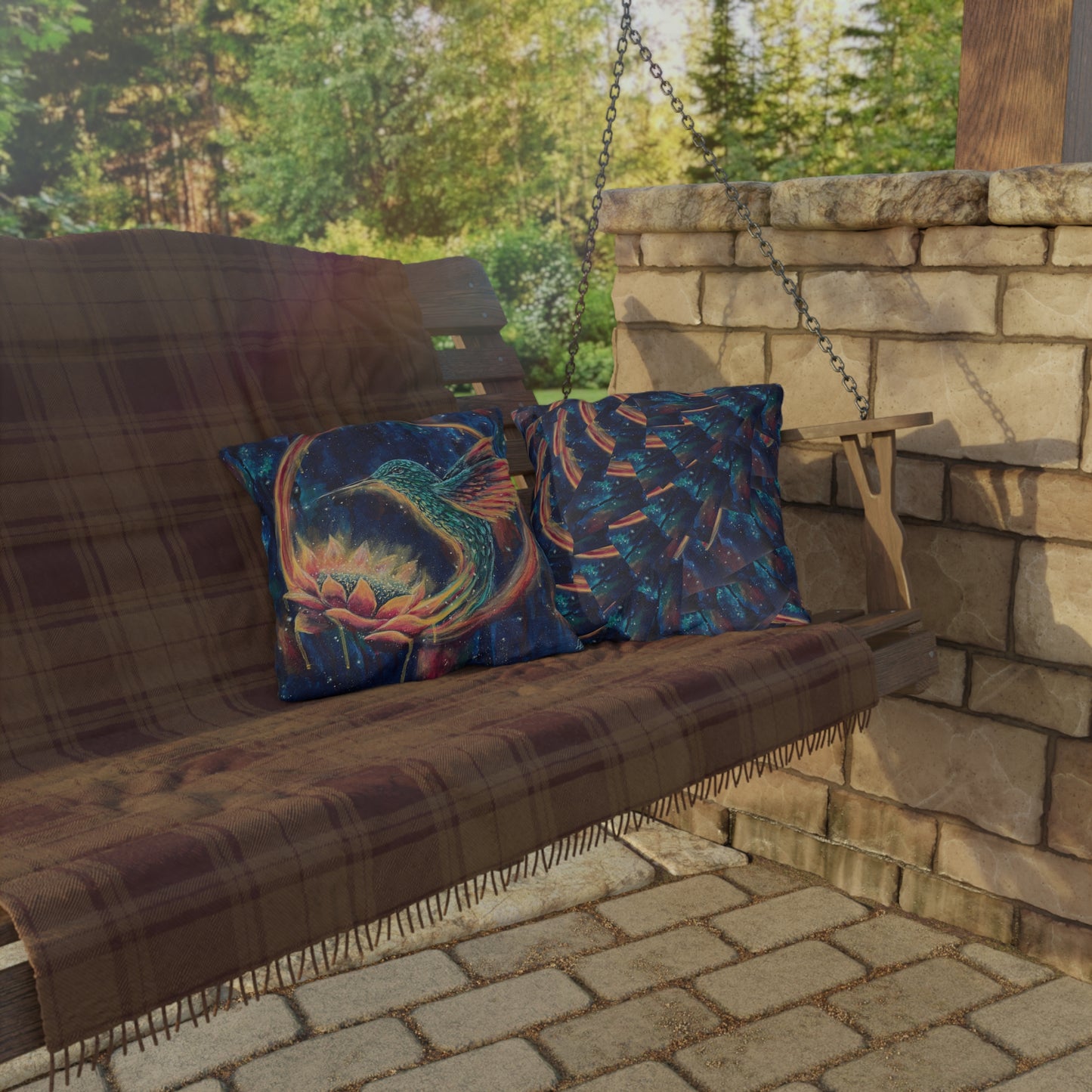 "Continuum" Hummingbird & Lotus Outdoor Pillow — Colorful Garden Accent Cushion for Patio, Porch & Sunroom