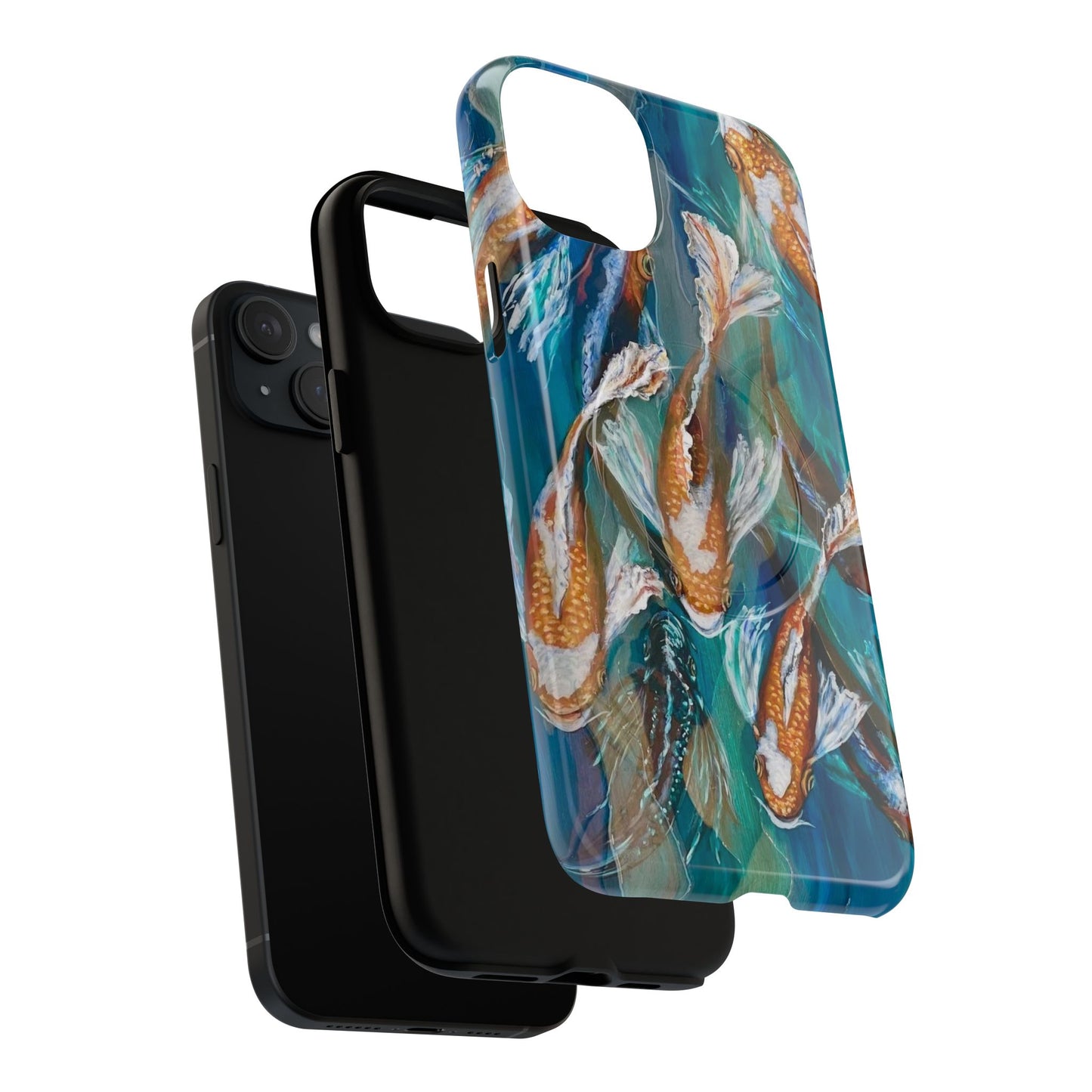 "School of Luck" Koi Fish Pattern iPhone Case Multiple Sizes | Tough Magnetic Case, Blue Teal Watercolor