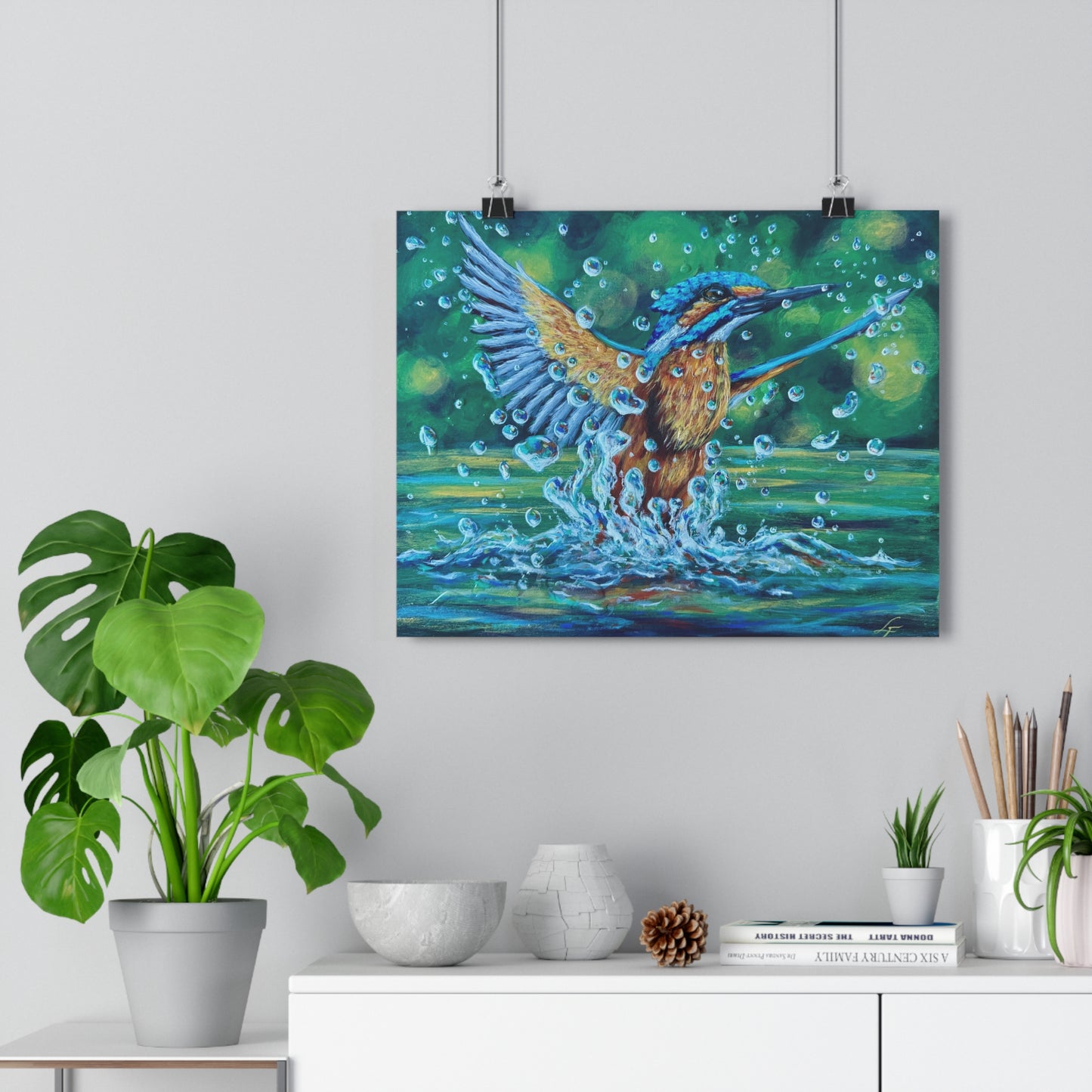 "Falling Up" Kingfisher Splash Giclée Art Print — Vibrant Wildlife Wall Art