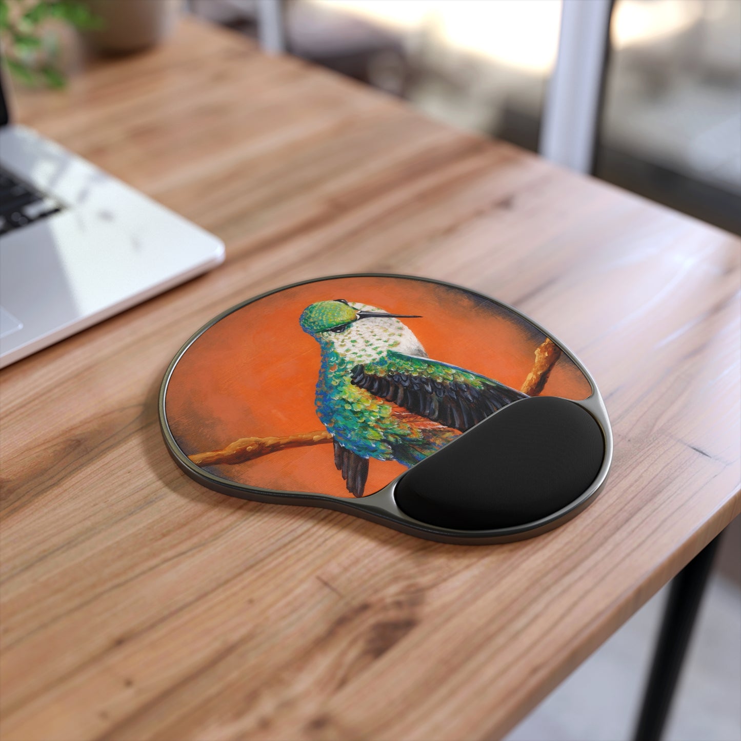 "Hummingbird Ballet" Wrist Rest Mouse Pad — Colorful Bird Art on Orange Background