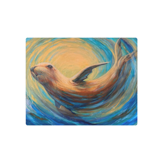 "Through Gilded Tides" Sea Lion Metal Art Sign — Whimsical Ocean Painting Wall Decor