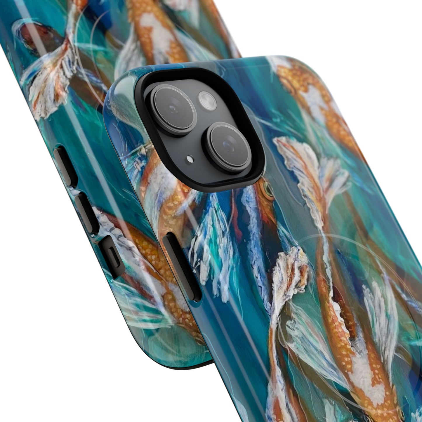 "School of Luck" Koi Fish Pattern iPhone Case Multiple Sizes | Tough Magnetic Case, Blue Teal Watercolor