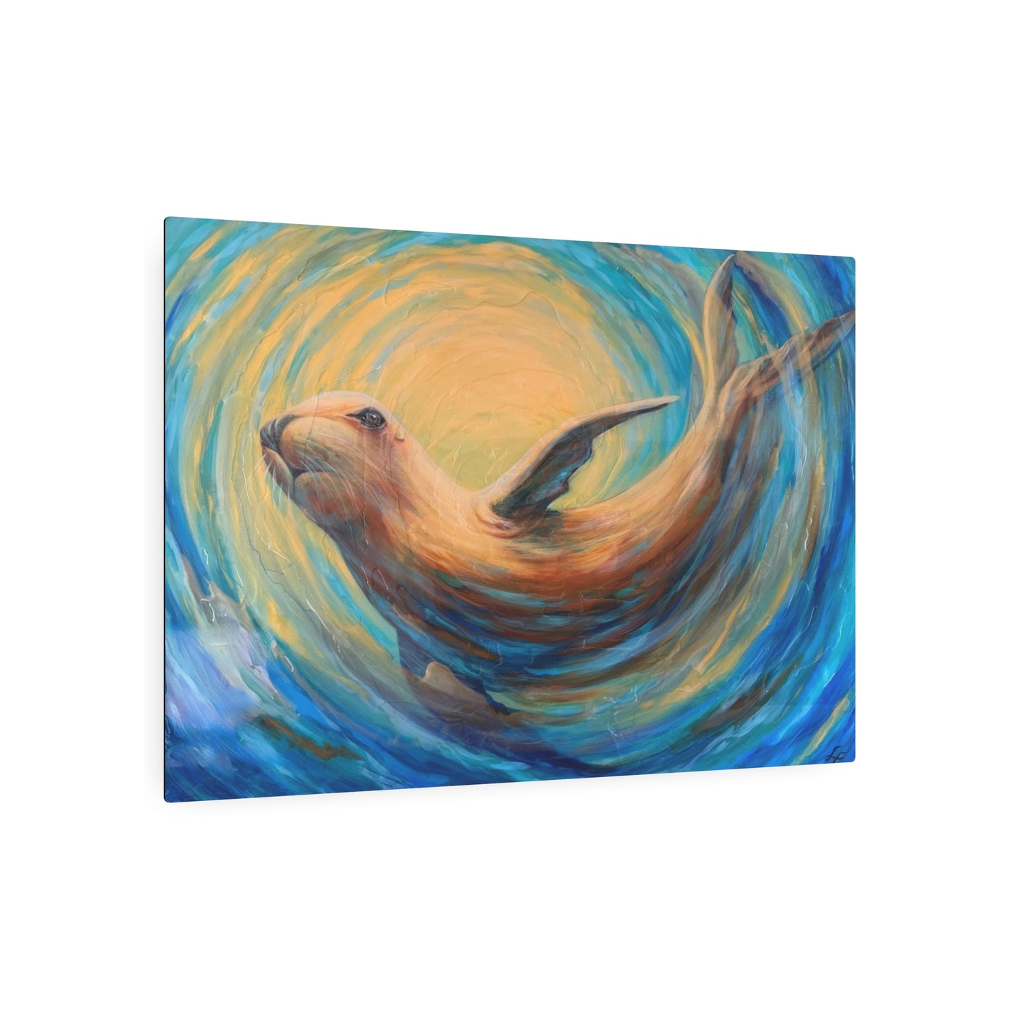 "Through Gilded Tides" Sea Lion Metal Art Sign — Whimsical Ocean Painting Wall Decor