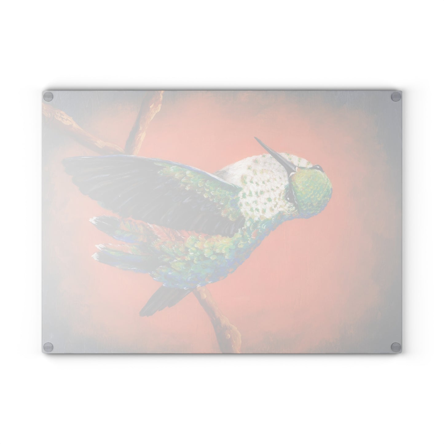 "Hummingbird Ballet" Glass Cutting Board — Colorful Tropical Bird Kitchen Decor