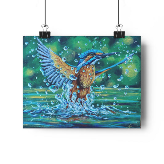 "Falling Up" Kingfisher Splash Giclée Art Print — Vibrant Wildlife Wall Art