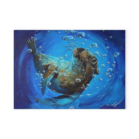 "Arthur" Sea Lion Glass Cutting Board - Playful Sea Otter Underwater Art