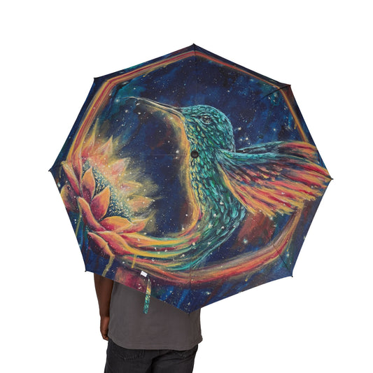 "Continuum" Hummingbird & Lotus Foldable Umbrella — Semi-Automatic Compact Rain Umbrella with Colorful Hummingbird Design