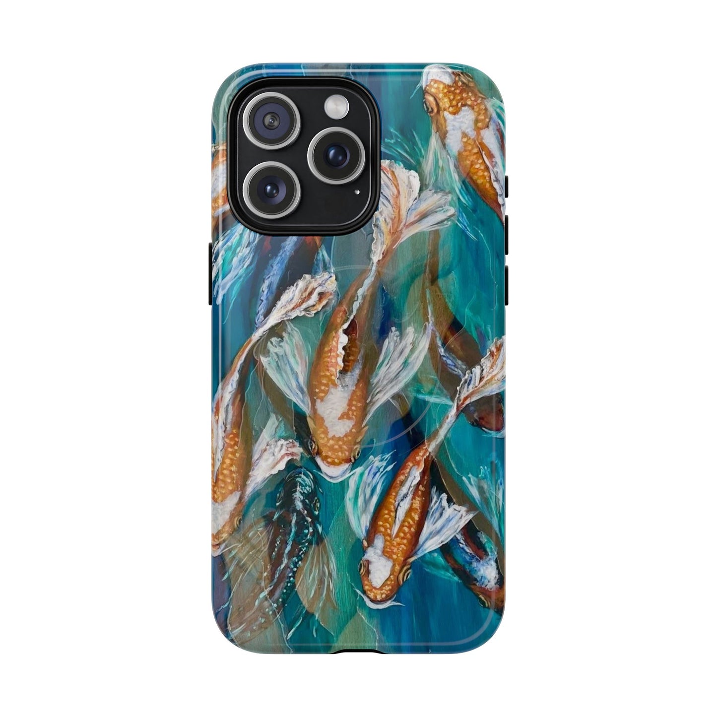 "School of Luck" Koi Fish Pattern iPhone Case Multiple Sizes | Tough Magnetic Case, Blue Teal Watercolor