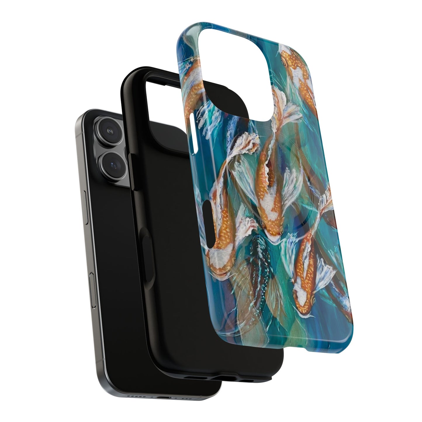 "School of Luck" Koi Fish Pattern iPhone Case Multiple Sizes | Tough Magnetic Case, Blue Teal Watercolor