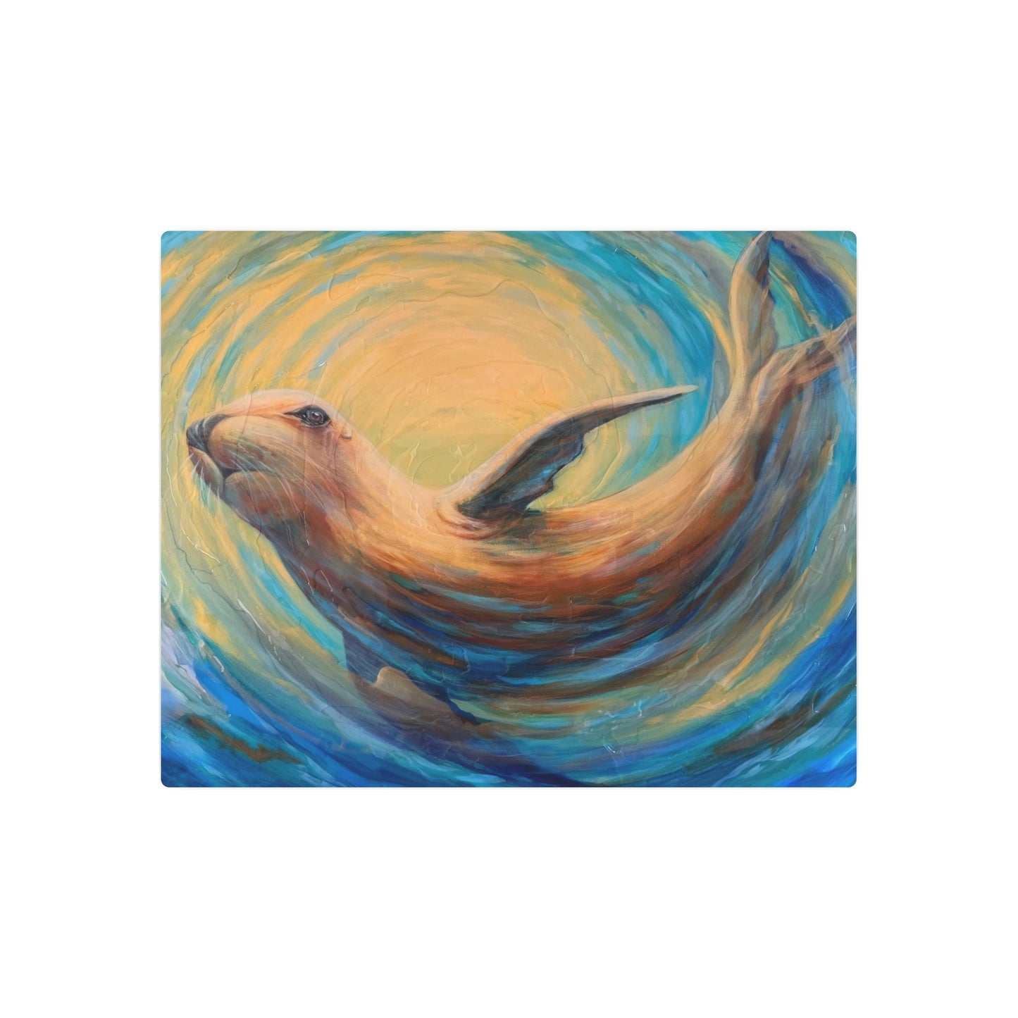"Through Gilded Tides" Sea Lion Metal Art Sign — Whimsical Ocean Painting Wall Decor