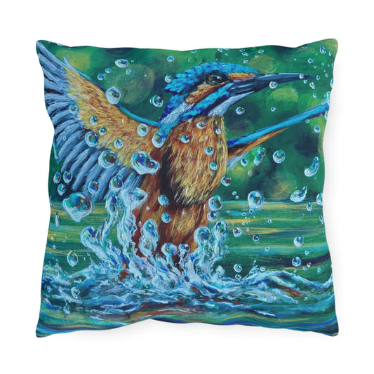 "Falling Up" Kingfisher Splash Outdoor Pillow — Vibrant Wildlife Patio Cushion