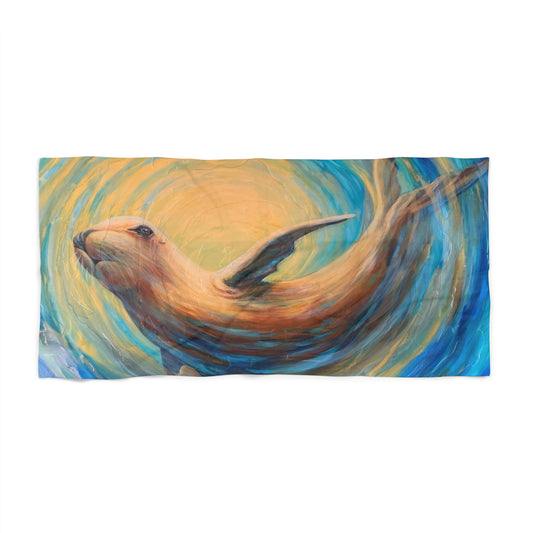 "Through Gilded Tides" Sea Lion Swirl Beach Towel — Whimsical Ocean Art for Beach & Pool