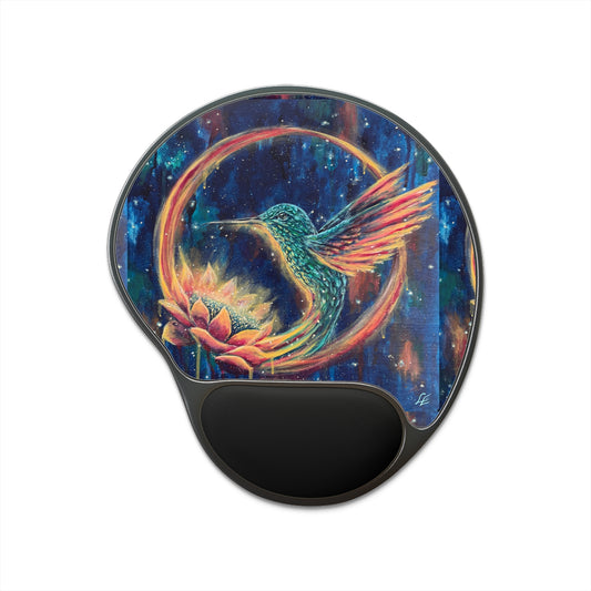 "Continuum" Hummingird & Lotus Art Mouse Pad with Ergonomic Wrist Rest — Colorful Ocean Desk Accessory