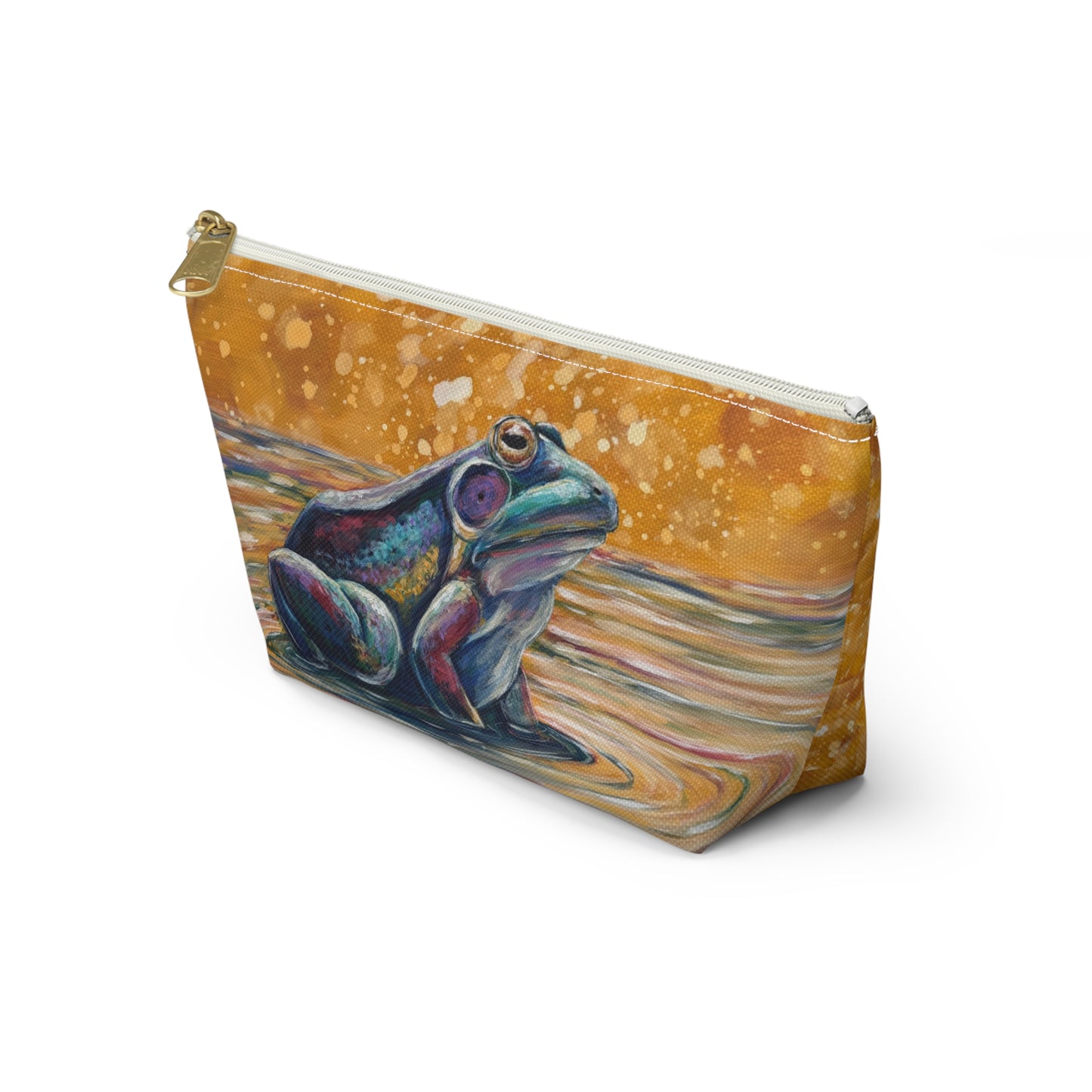 "Make a Ripple" Frog Art Accessory Pouch — Colorful Watercolor Amphibian T-Bottom Cosmetic Bag